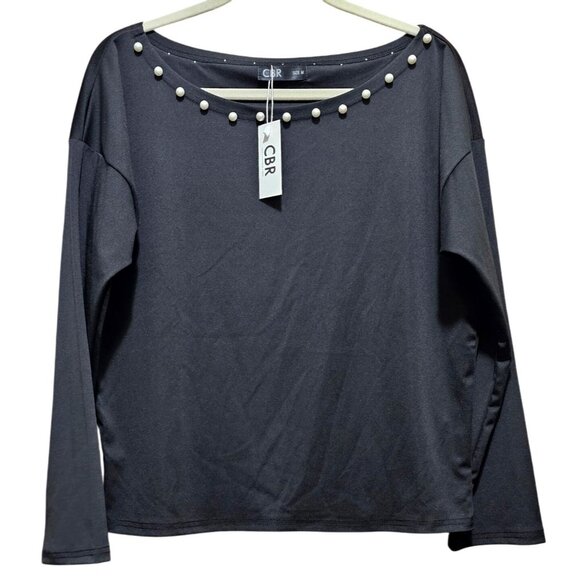 CBR Black Long‎ Sleeve Top With Pearl Neckline Embellishment Size Medium - Picture 1 of 8